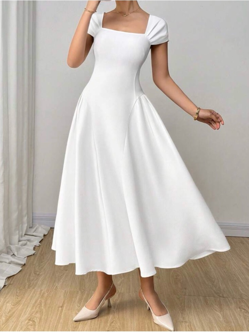 White Square Neck Graduation Dress
